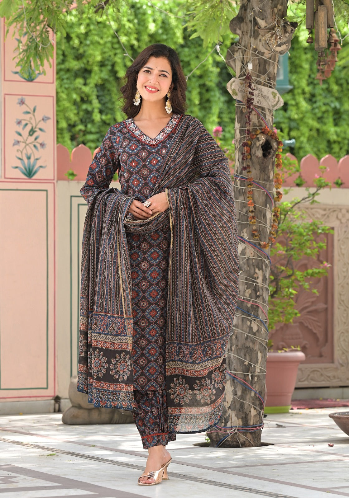 Vihaa Ajrakh Printed Black Afghani Suit Set