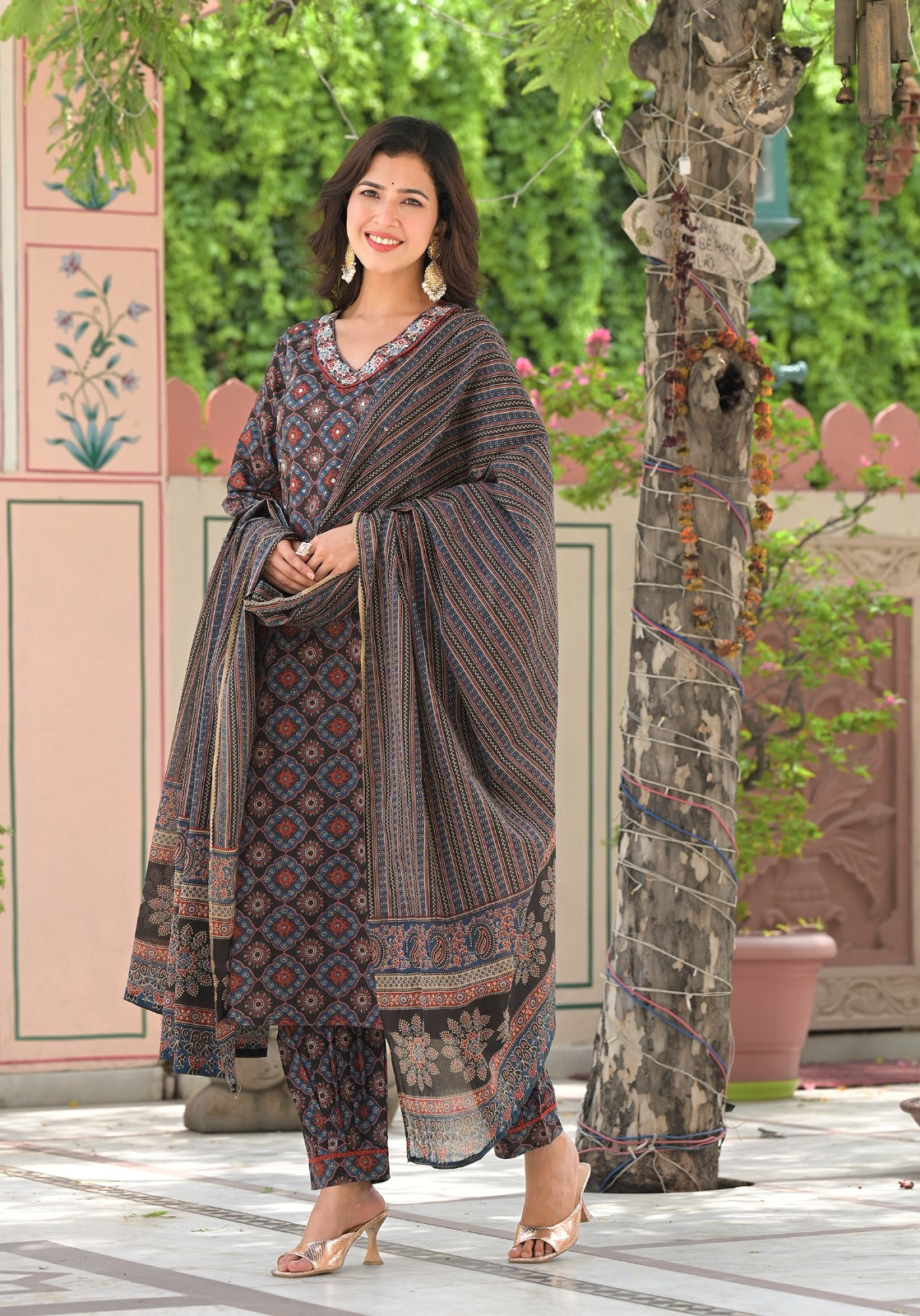 Vihaa Ajrakh Printed Black Afghani Suit Set