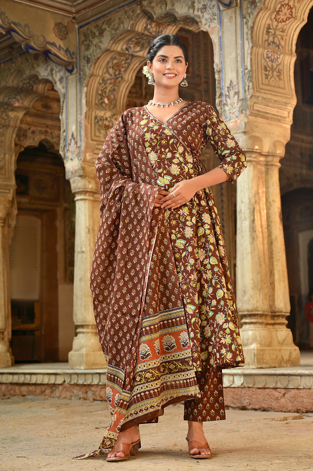 Kiara Brown Block Printed Angrakha Suit Set