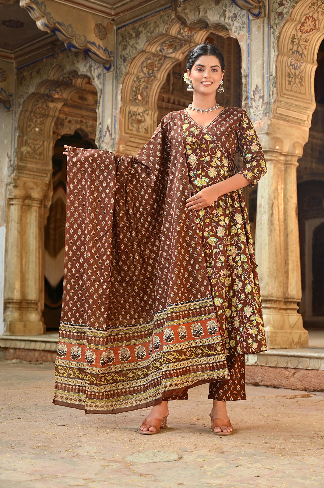 Kiara Brown Block Printed Angrakha Suit Set