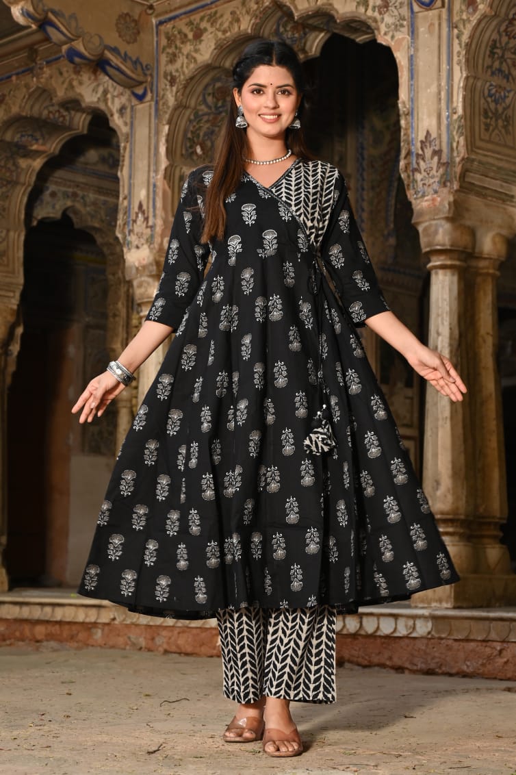 Kiara Black Block Printed Angrakha Suit Set