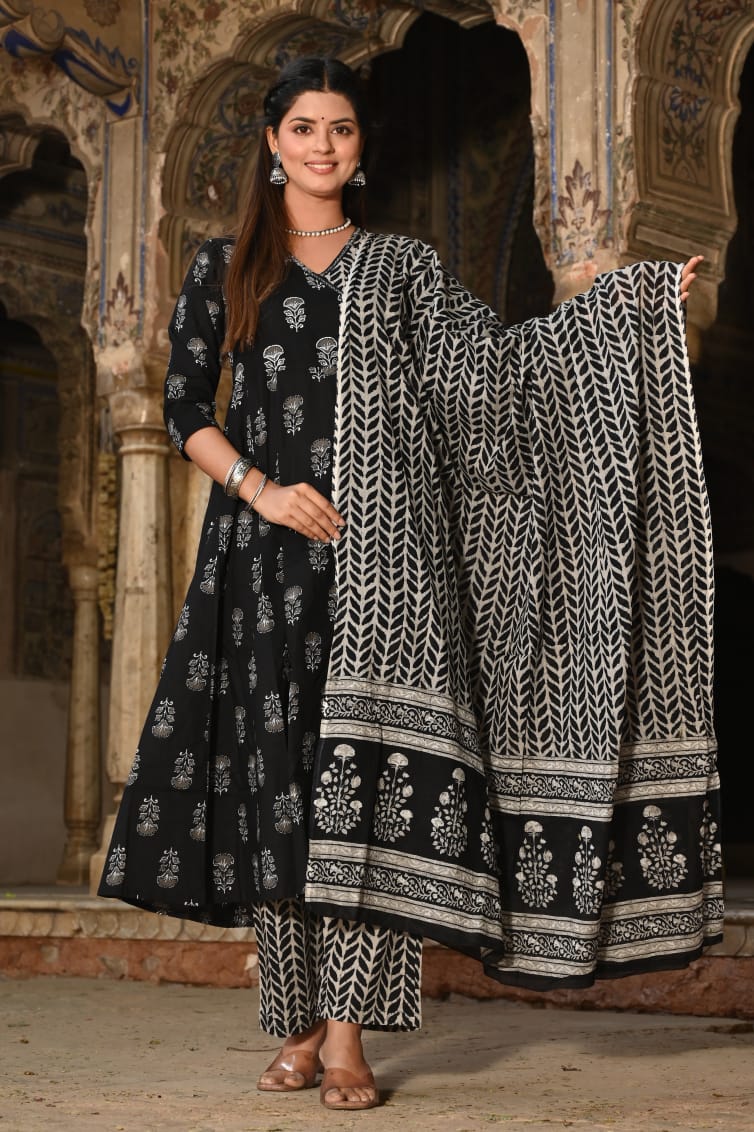 Kiara Black Block Printed Angrakha Suit Set