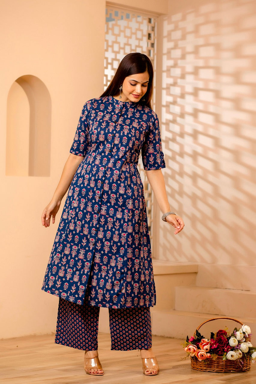 Maisha A-Line Block Printed Dark Blue Co-Ord Set