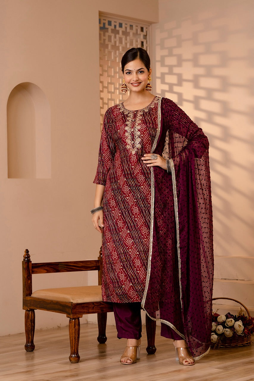 Vihaa Bandhani Printed Wine Straight Suit Set.