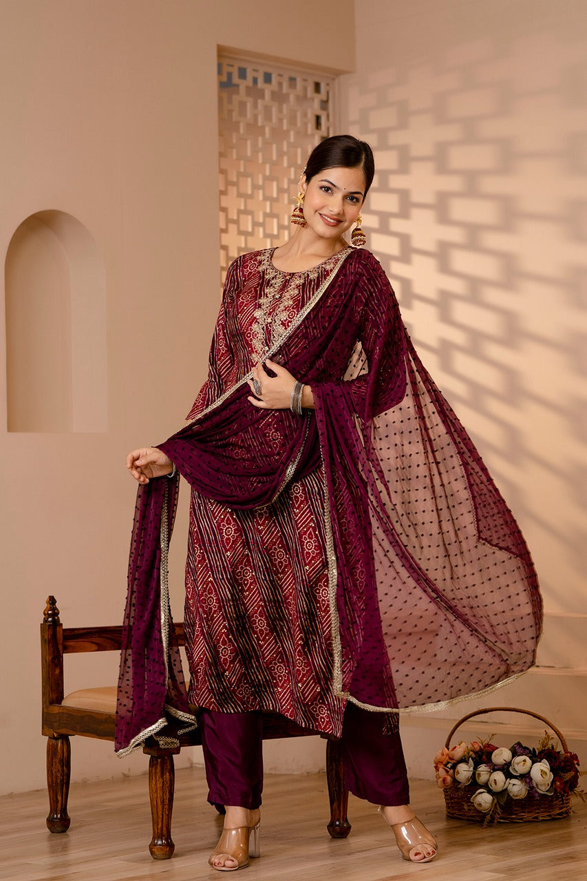 Vihaa Bandhani Printed Wine Straight Suit Set.