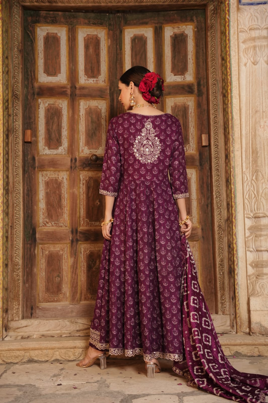 Classic Block Printed Purple Anarkali Suit Set