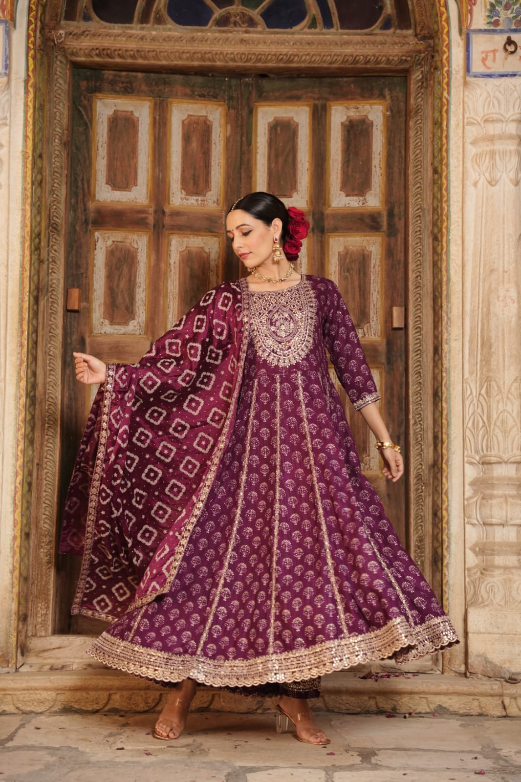 Classic Block Printed Purple Anarkali Suit Set