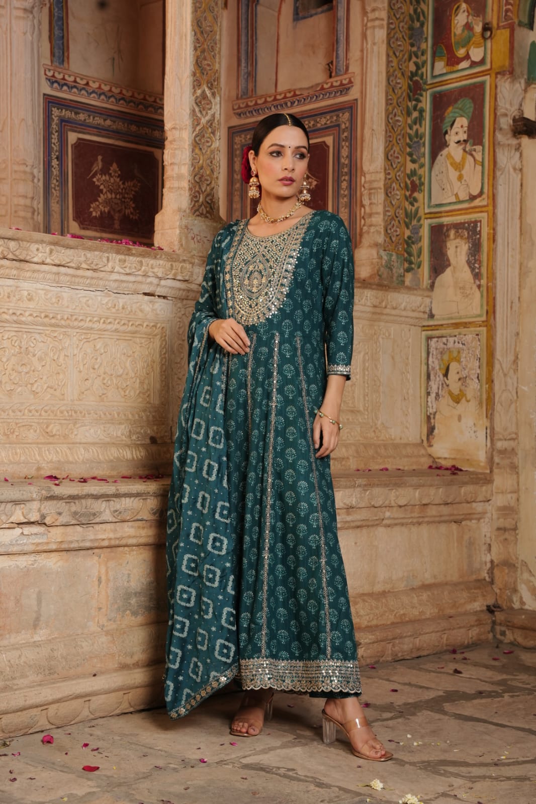 Classic Green Block Printed Anarkali Suit Set