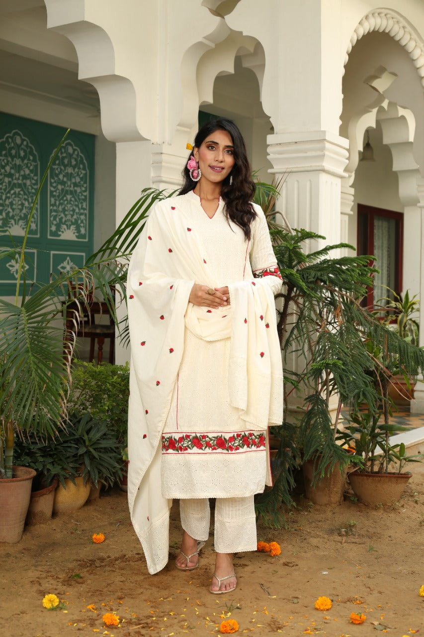 Radha Floral Embroidered Chikan Straight Suit Set