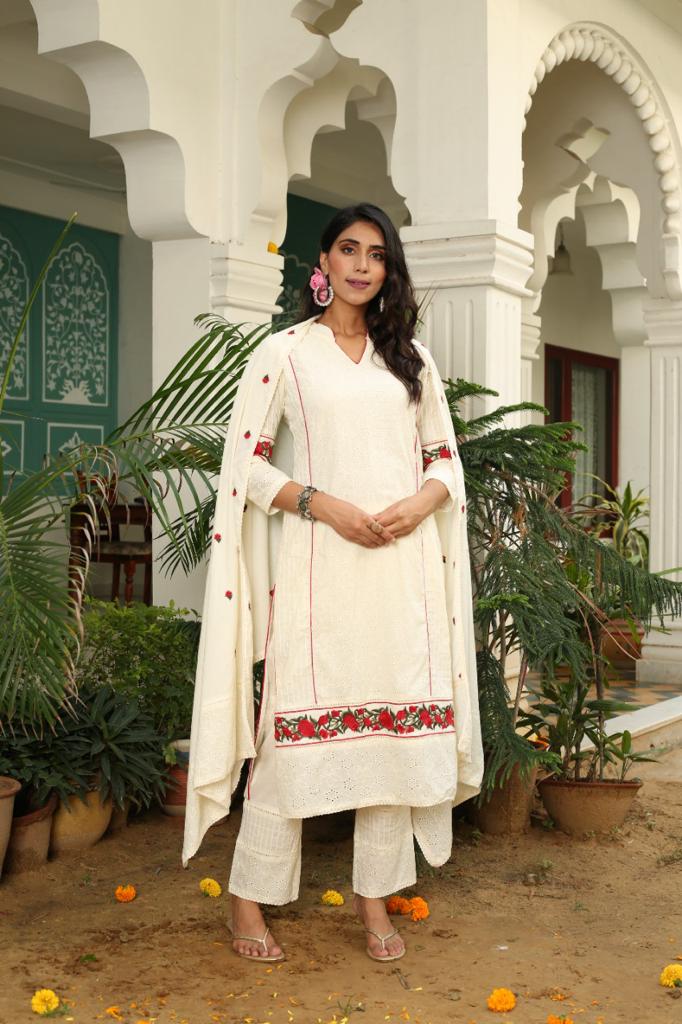 Radha Floral Embroidered Chikan Straight Suit Set