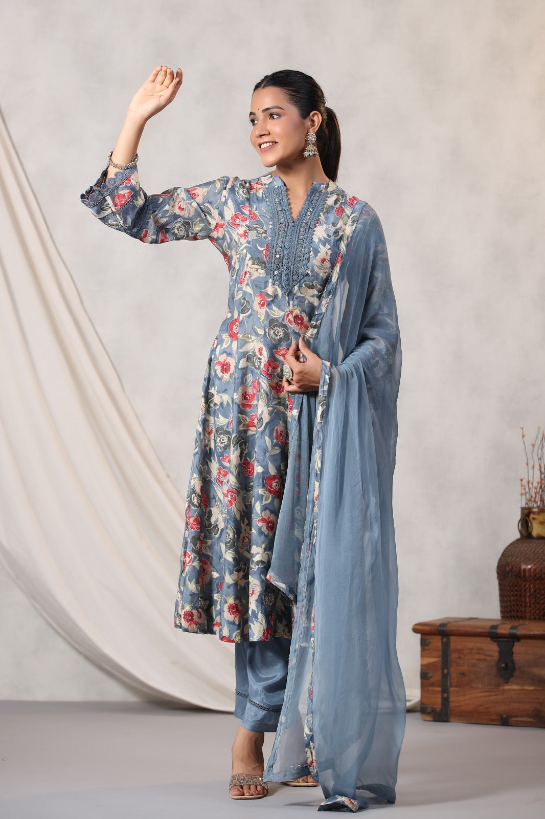 Vihaa Digital Printed Pakistani Style Blue Anarkali Suit Set