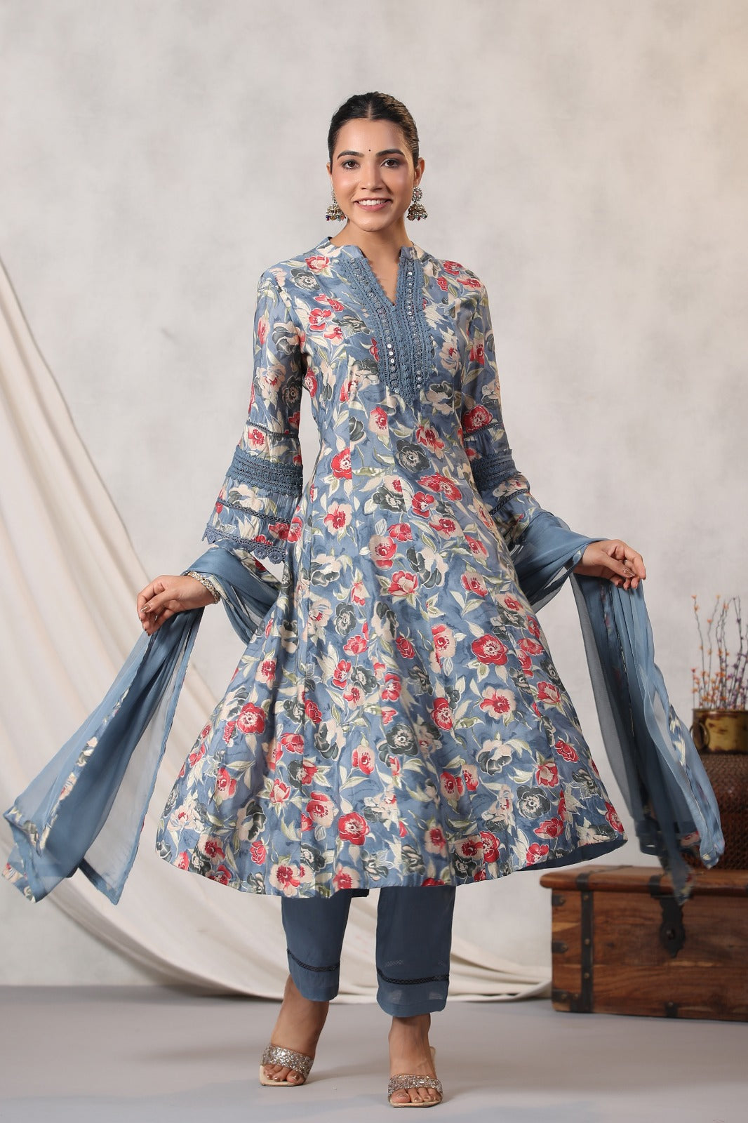 Vihaa Digital Printed Pakistani Style Blue Anarkali Suit Set