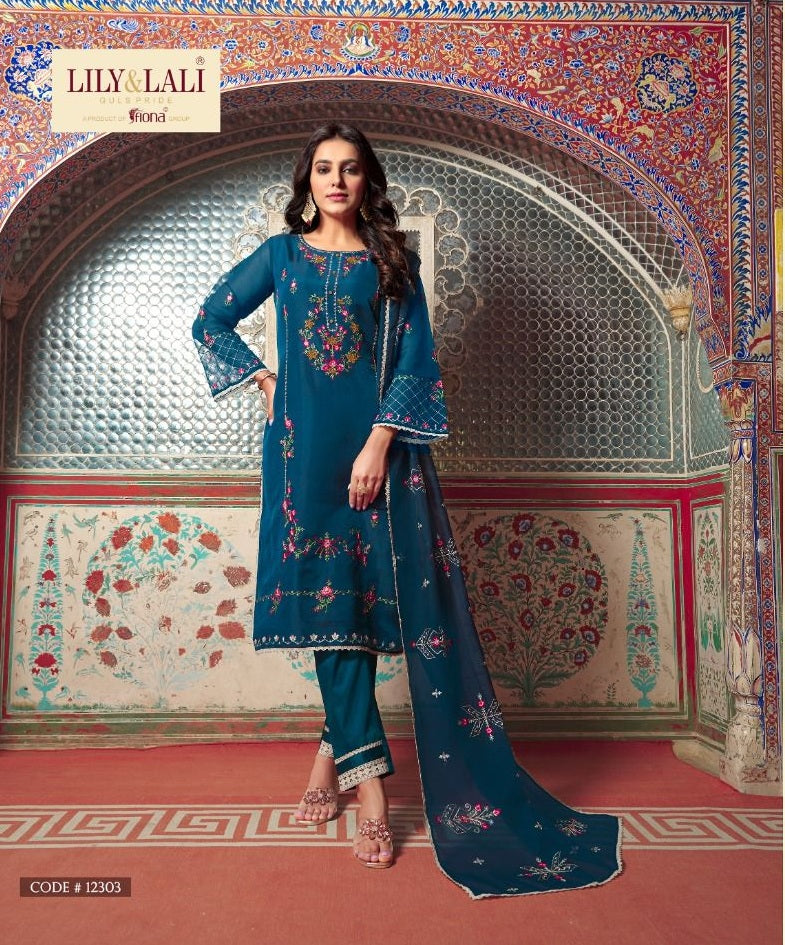 Vihaa Teal Blue Thread embroidered pakistani style straight Suit Set