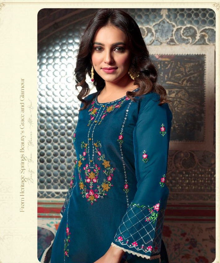 Vihaa Teal Blue Thread embroidered pakistani style straight Suit Set