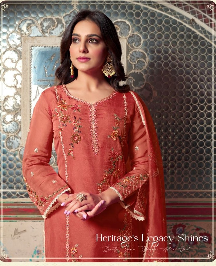 Vihaa Peach Thread embroidered pakistani style straight Suit Set