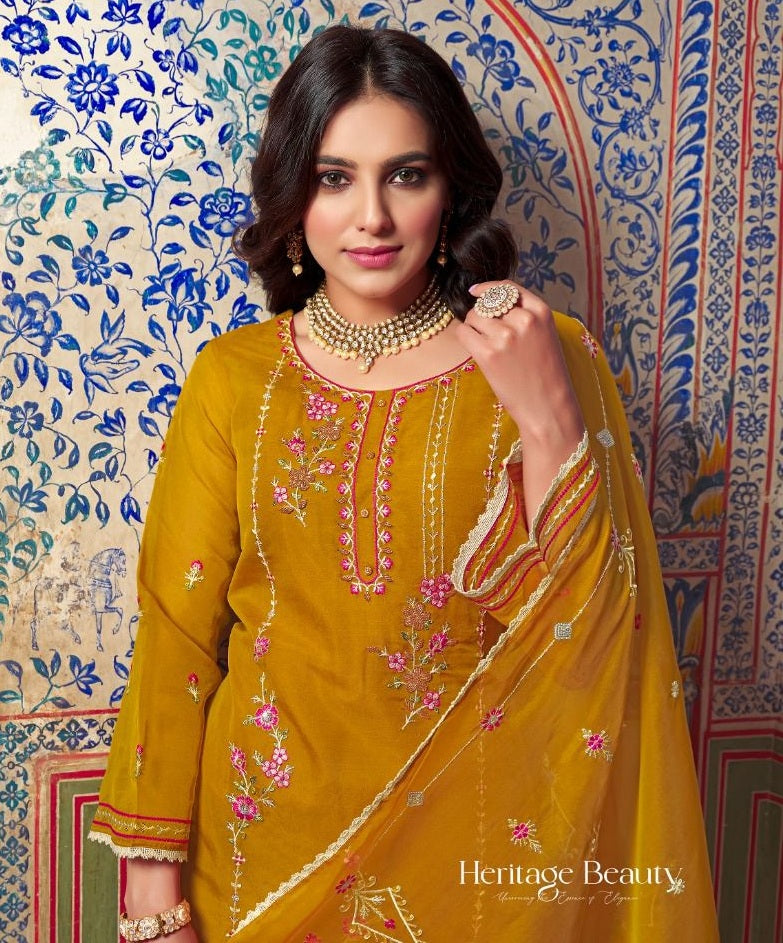 Vihaa Mustard Thread embroidered pakistani style straight Suit Set