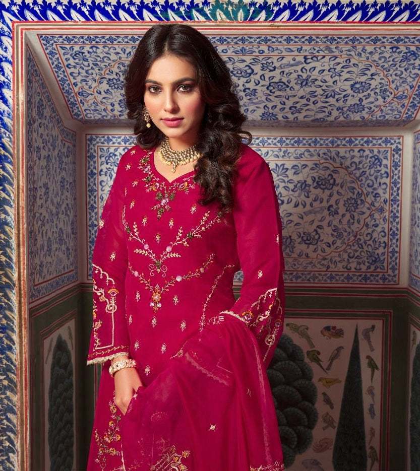 Vihaa Pink Thread embroidered pakistani style straight Suit Set