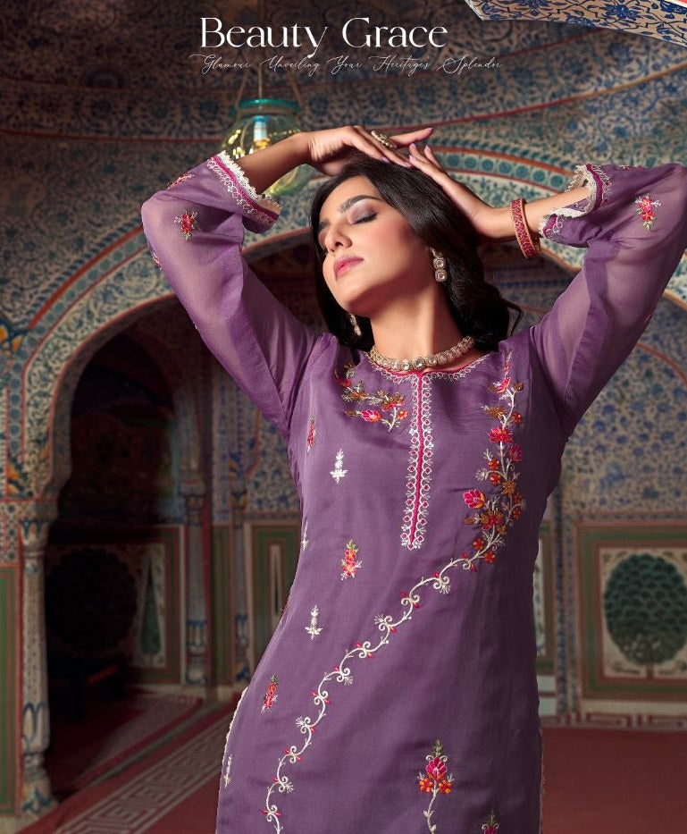 Vihaa Lavender Thread embroidered pakistani style straight Suit Set