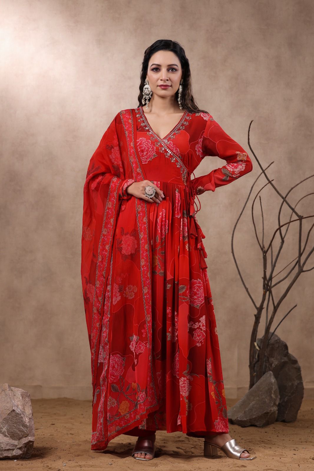 Arzoi Floral Printed Angrakha Anarkali Red Suit Set