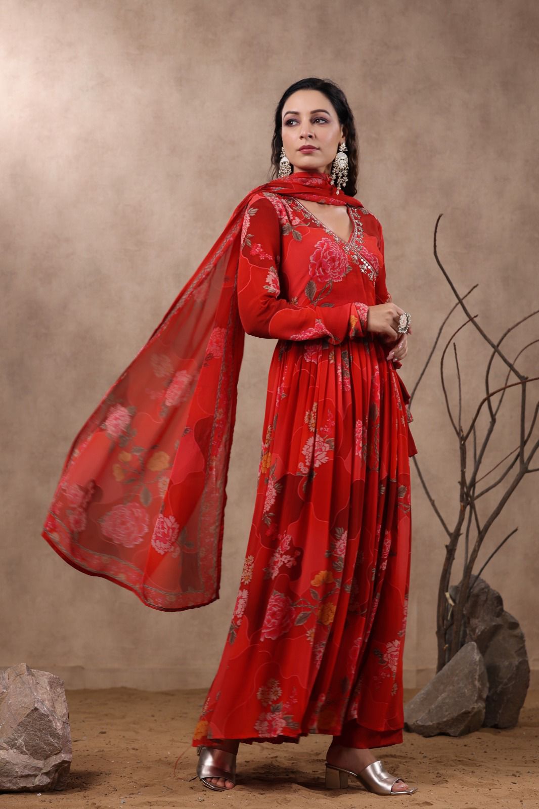 Arzoi Floral Printed Angrakha Anarkali Red Suit Set