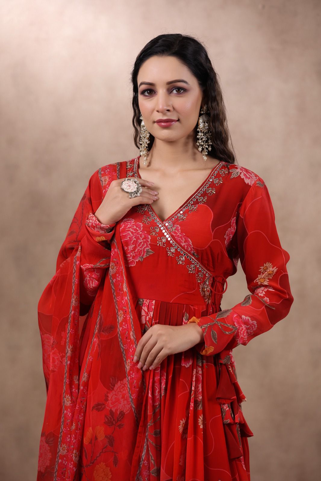 Arzoi Floral Printed Angrakha Anarkali Red Suit Set