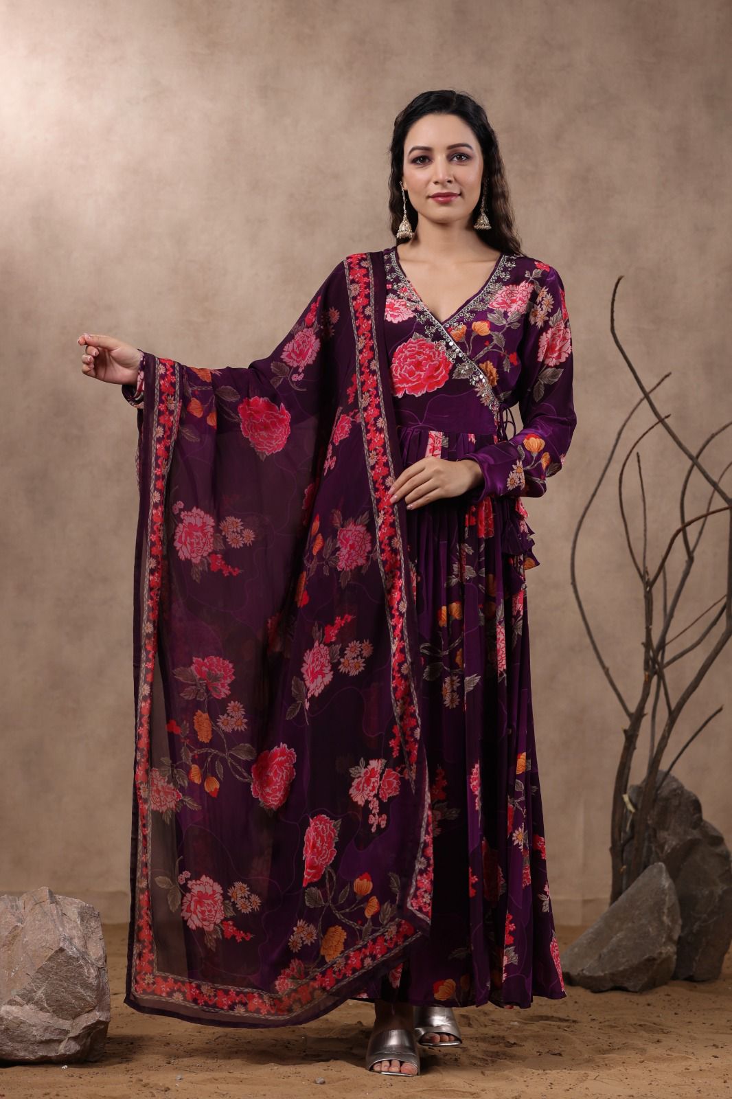 Arzoi Floral Printed Angrakha Anarkali Purple Suit Set