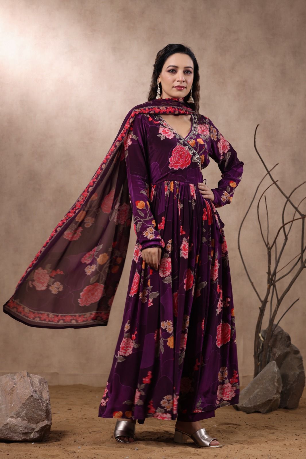 Arzoi Floral Printed Angrakha Anarkali Purple Suit Set