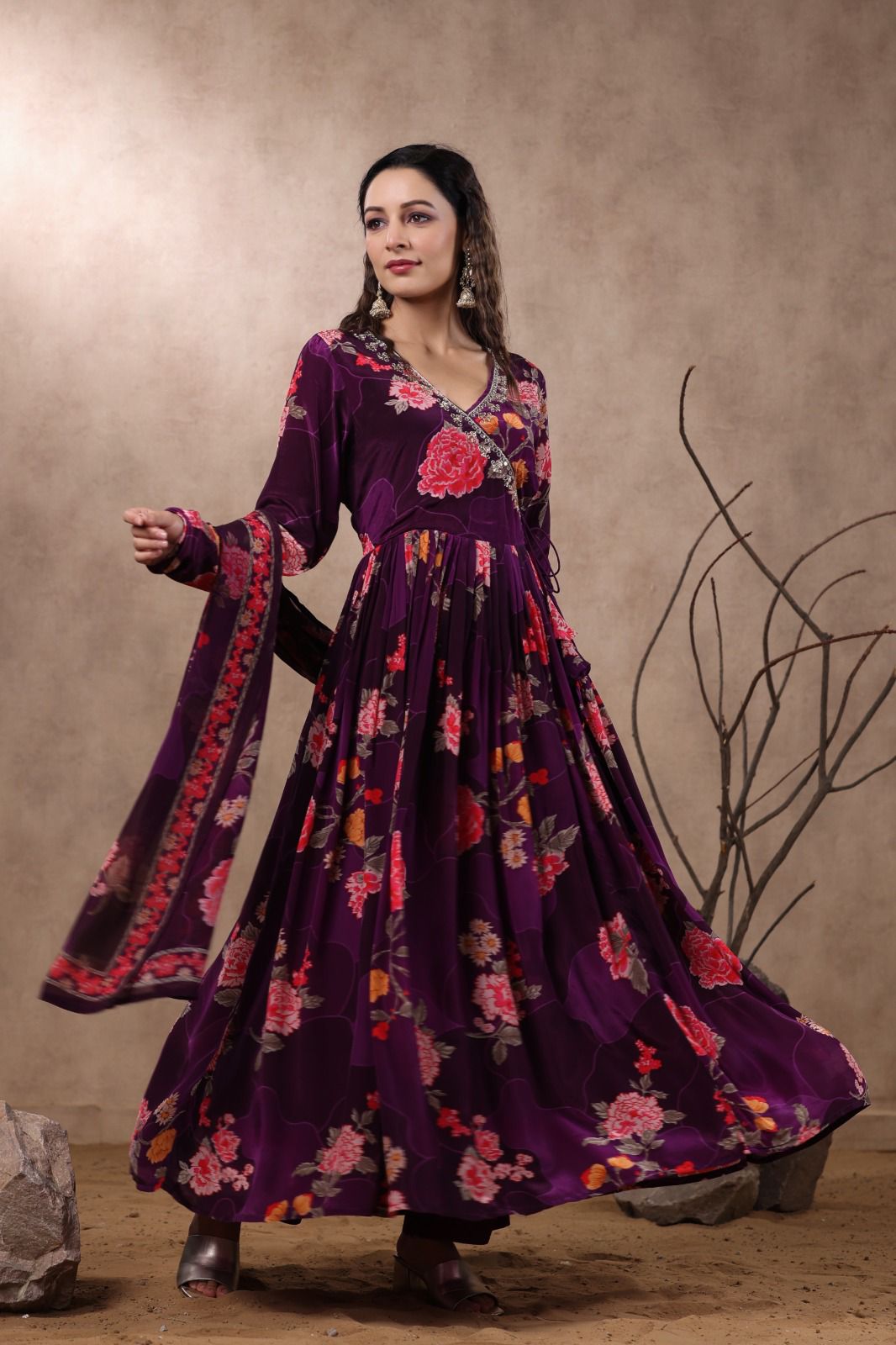 Arzoi Floral Printed Angrakha Anarkali Purple Suit Set