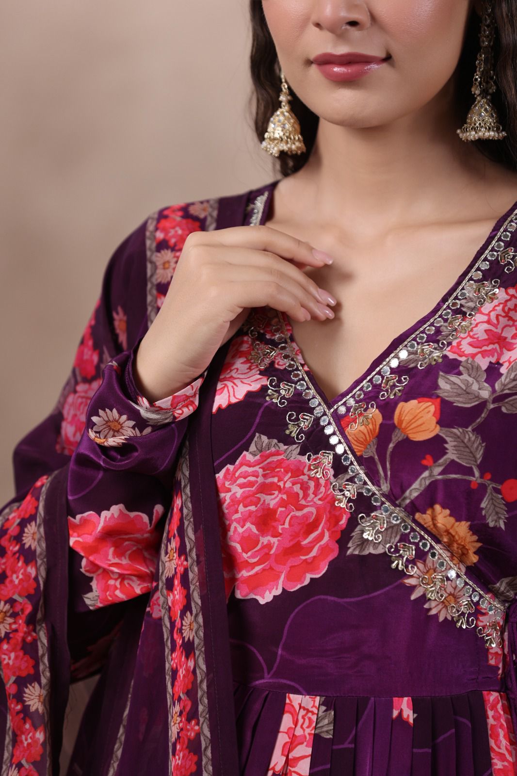 Arzoi Floral Printed Angrakha Anarkali Purple Suit Set