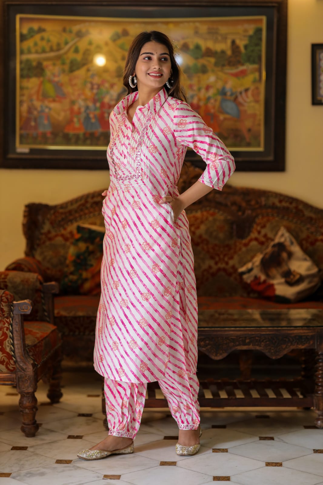 Akira Pink Lehariya Printed Afghani Co-Ord Set