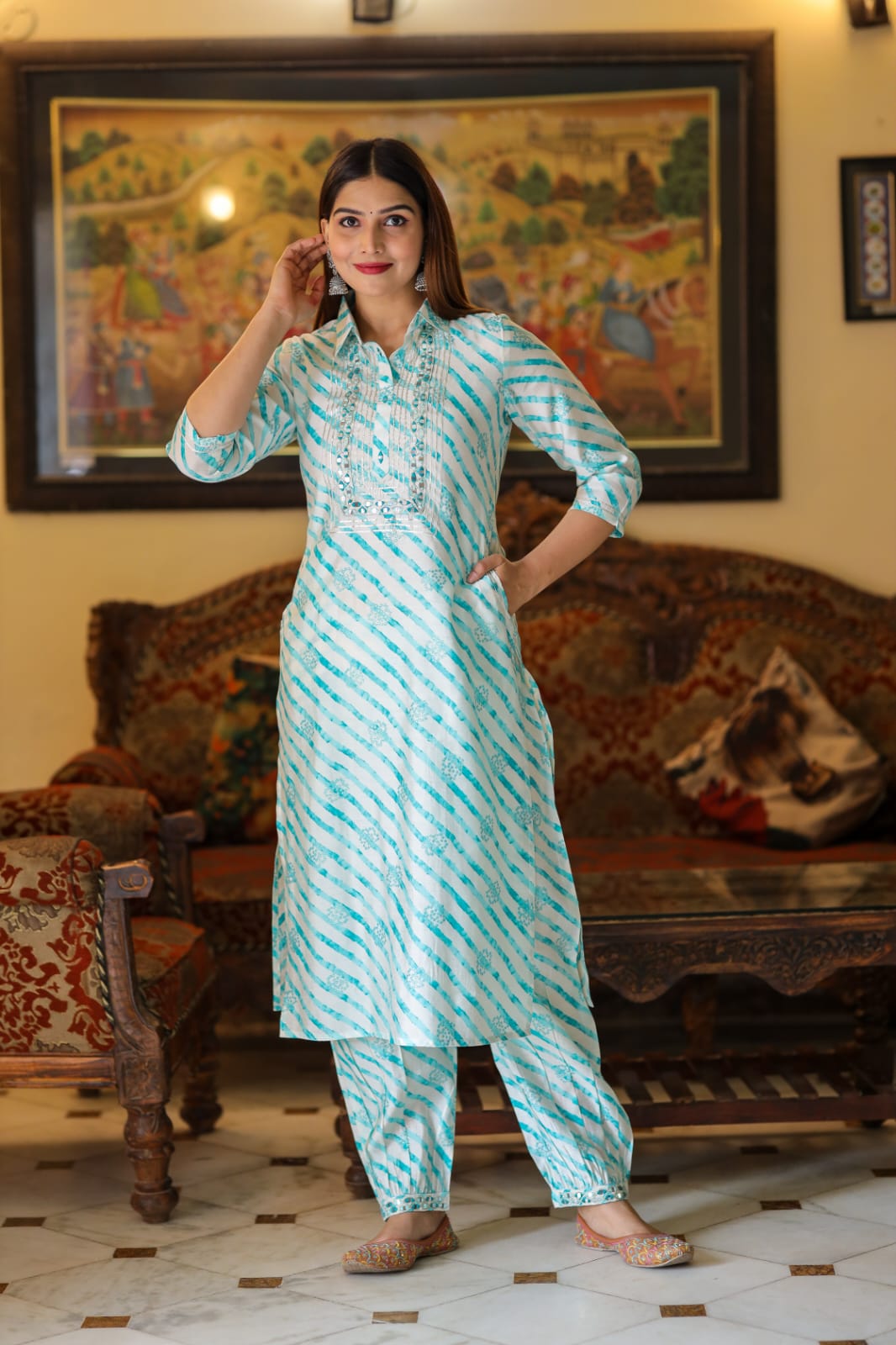 Akira White and Blue Lehariya Printed Afghani Co-Ord Set