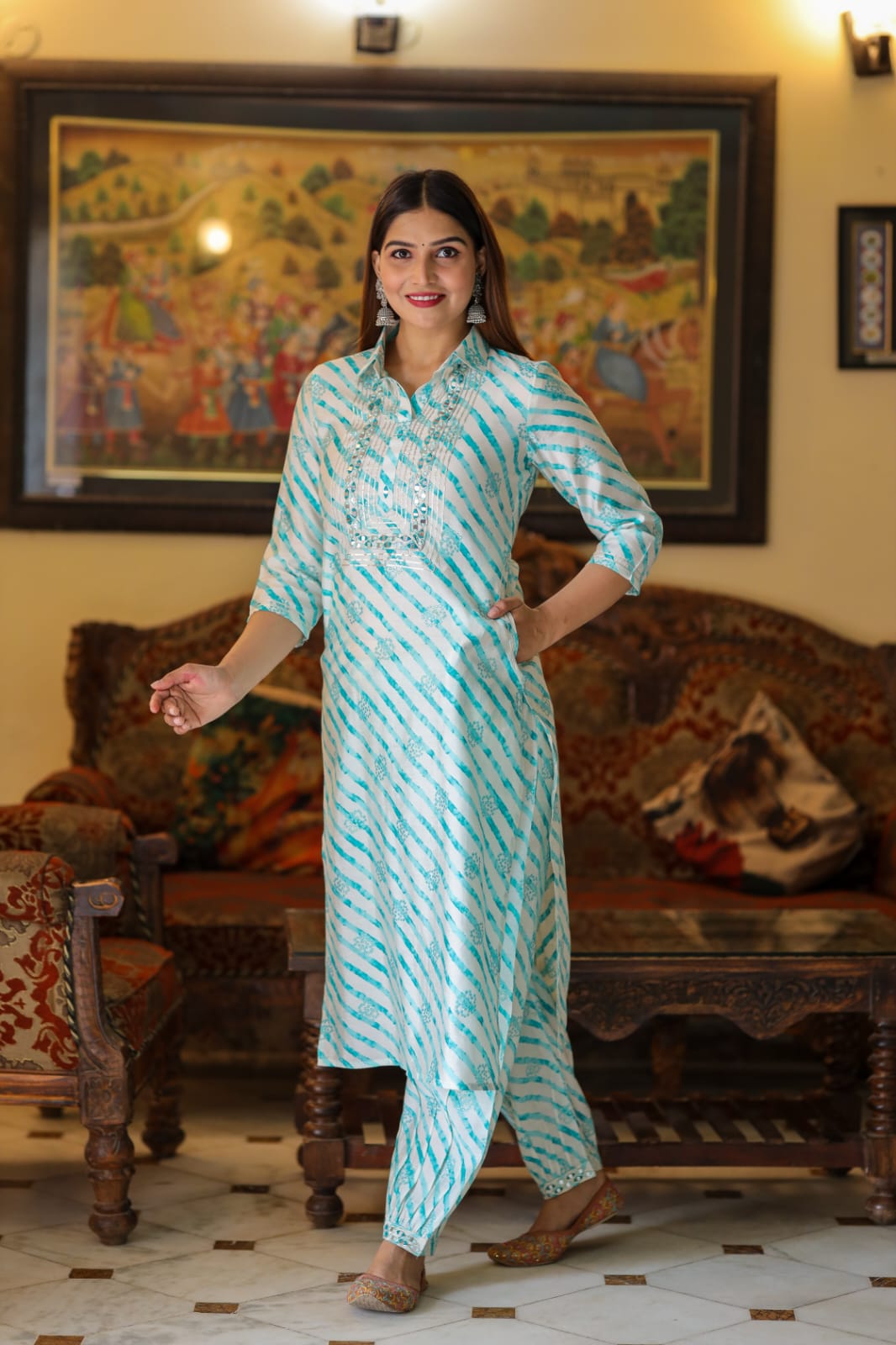 Akira White and Blue Lehariya Printed Afghani Co-Ord Set