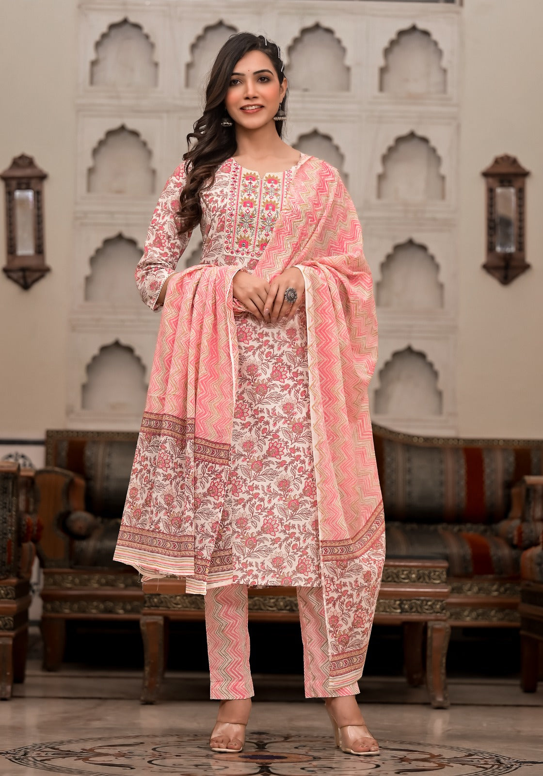 Radha Block Printed White and Pink Straight Suit Set