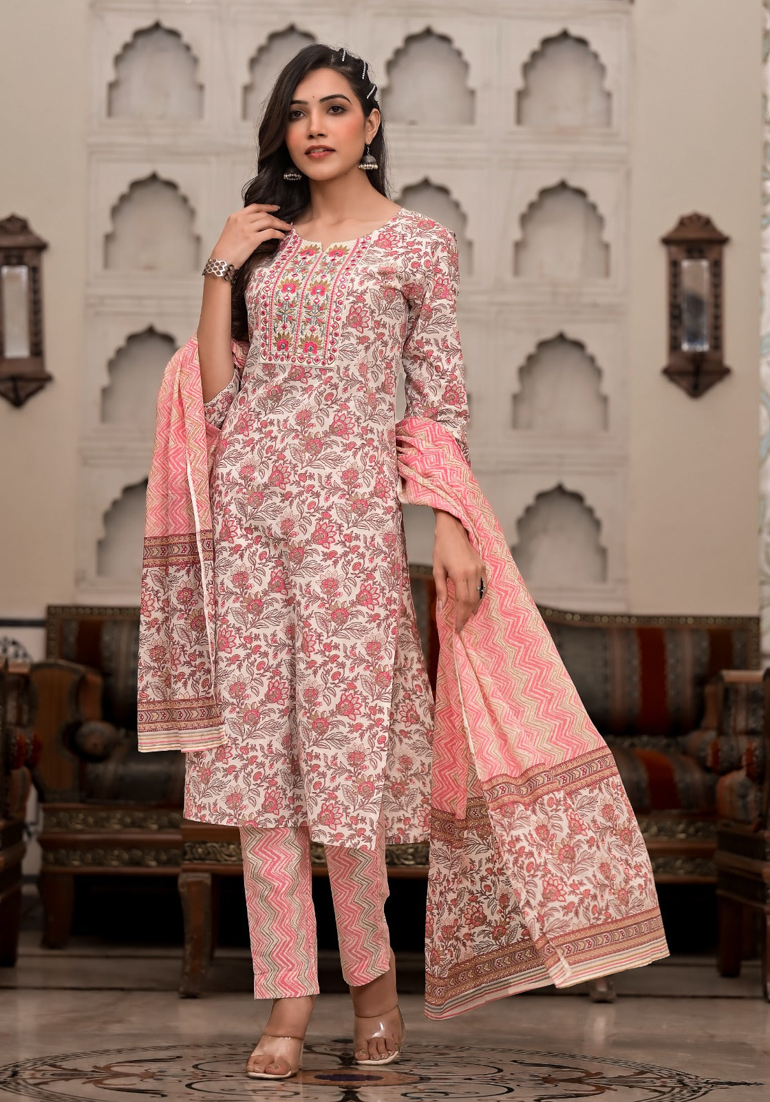 Radha Block Printed White and Pink Straight Suit Set