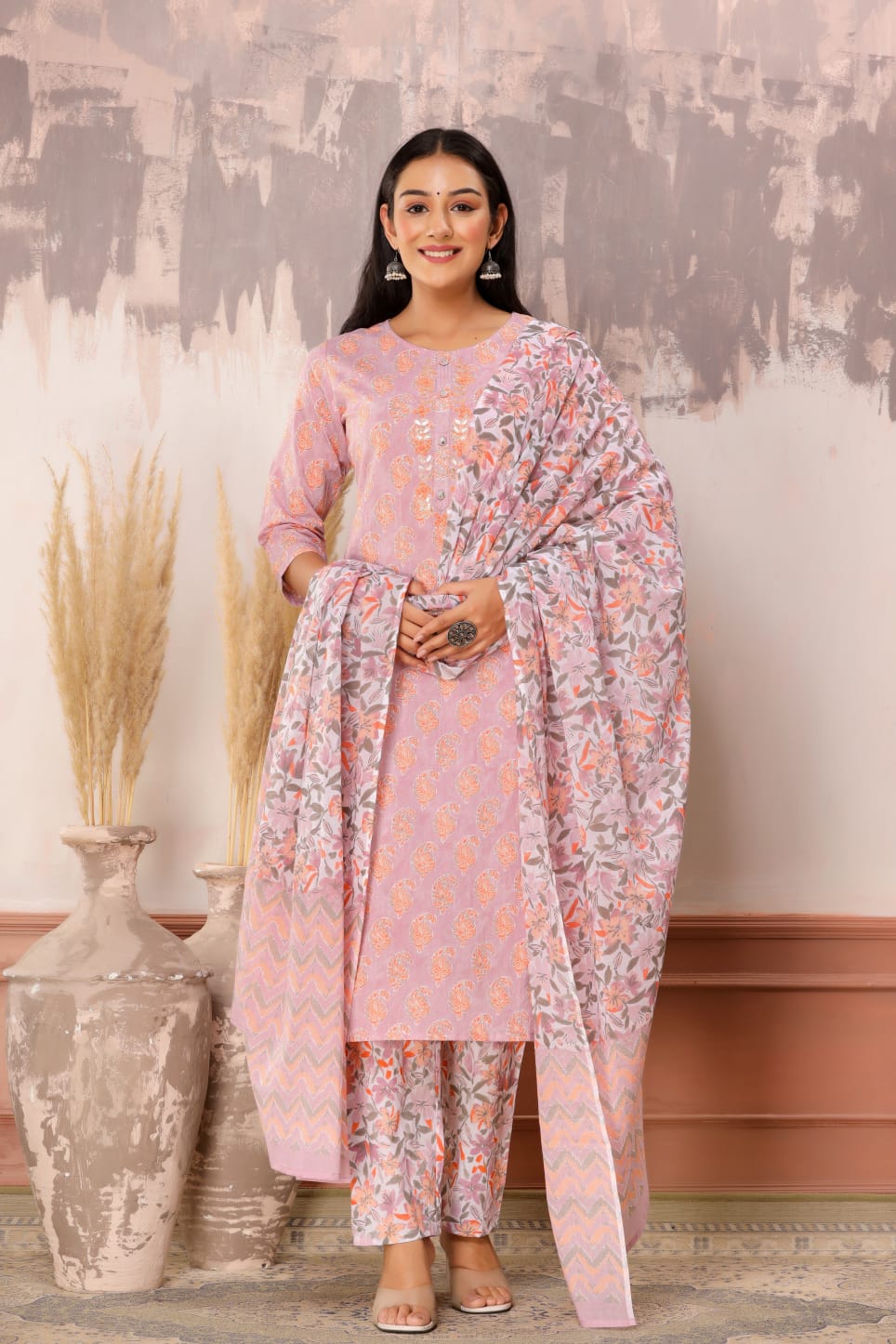 Radha Block Printed Lavender and Orange Straight Suit Set