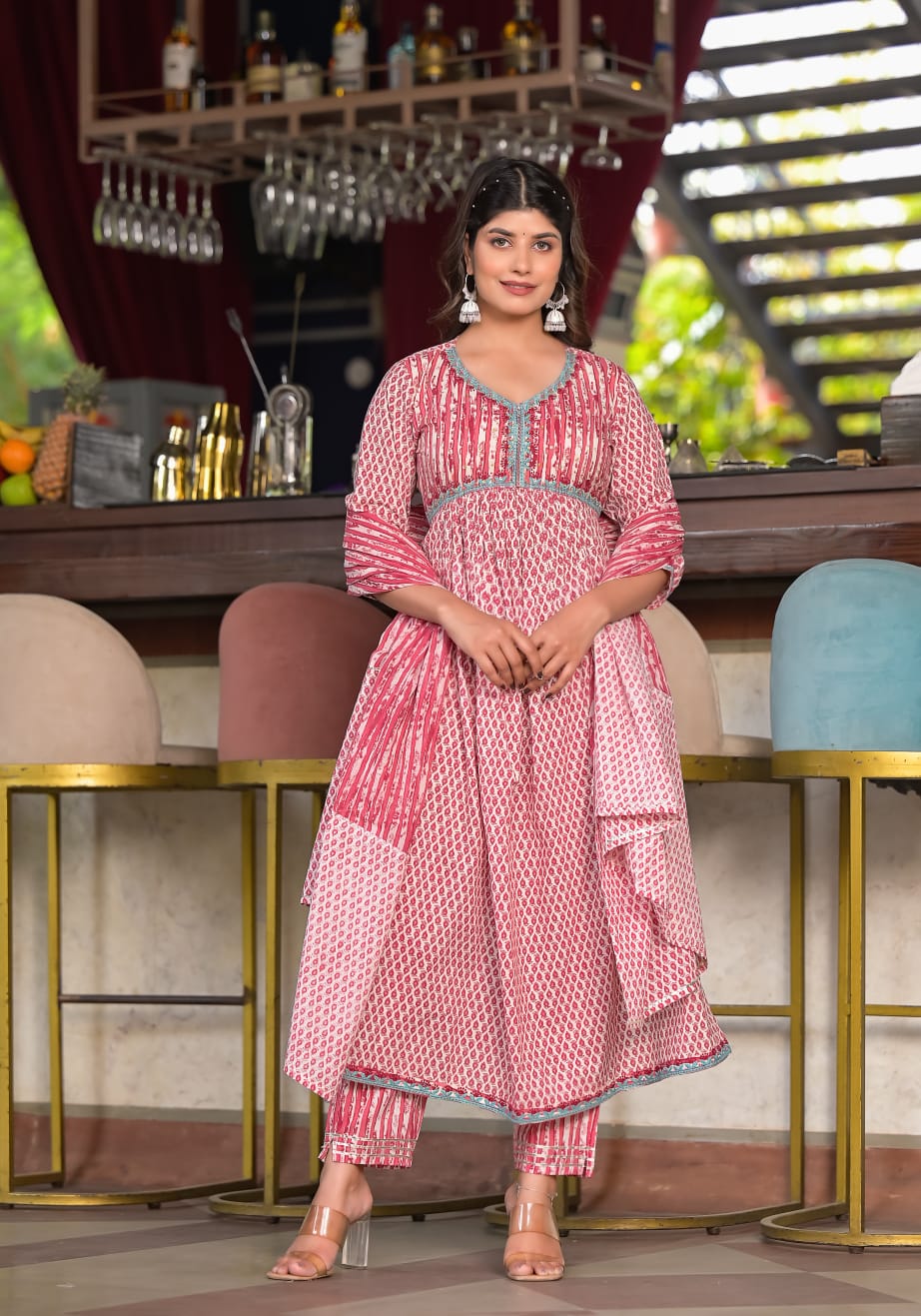 Ibadat White and Pink Block Printed Aliya Suit Set