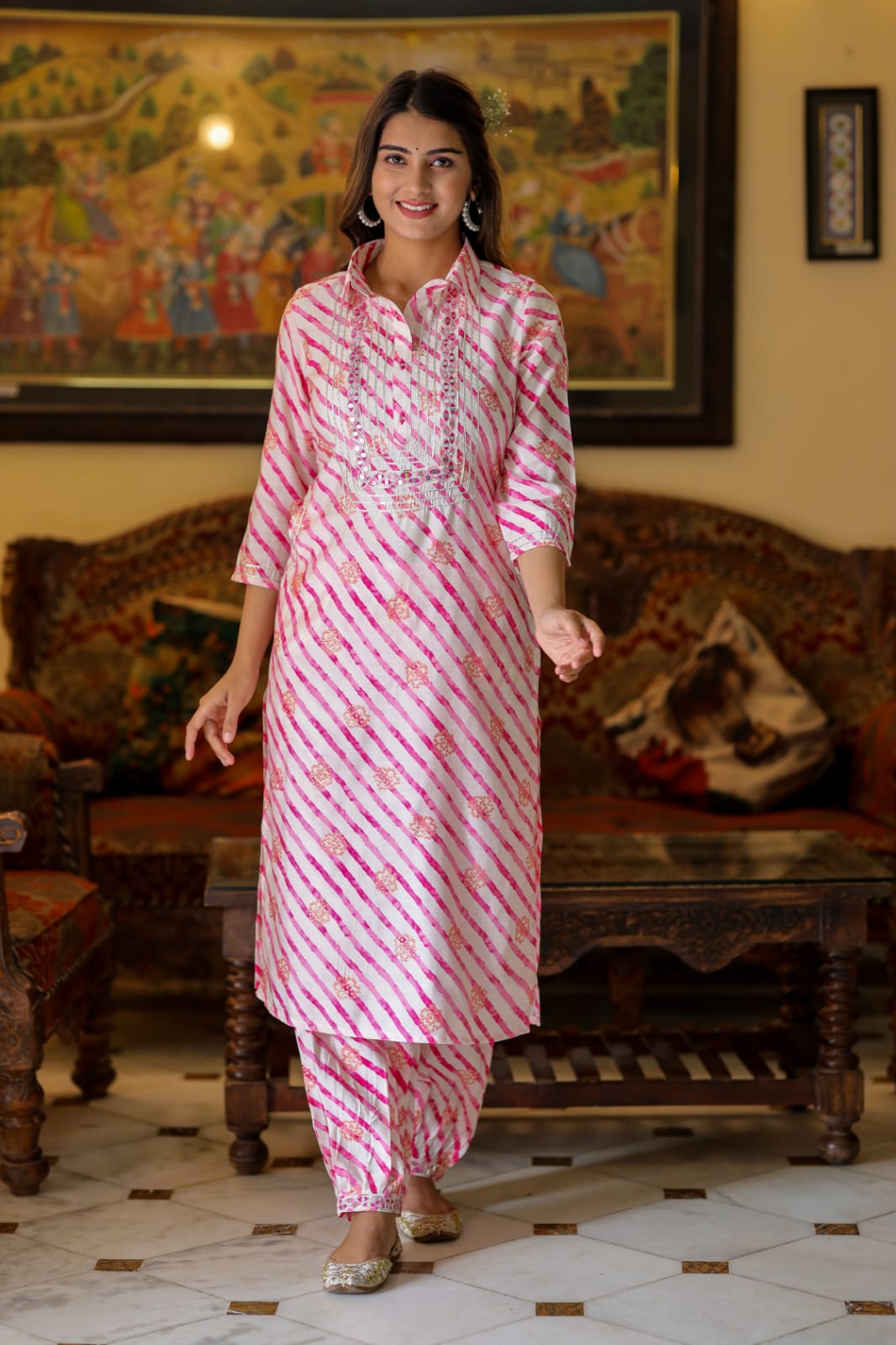 Akira Pink Lehariya Printed Afghani Co-Ord Set