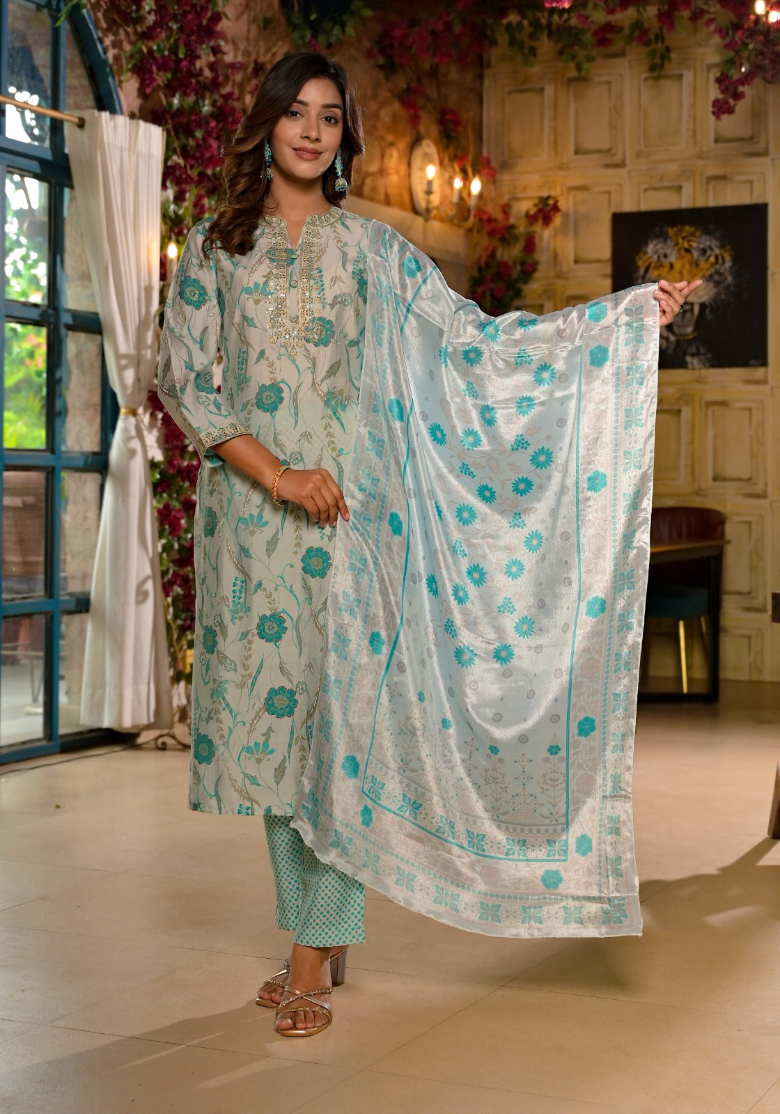 Vihaa Floral Printed Blue Straight Suit Set