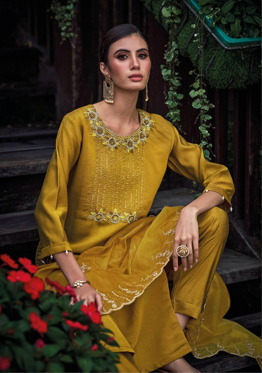 Vihaa Mustard Hand Embroidered Straight Suit Set