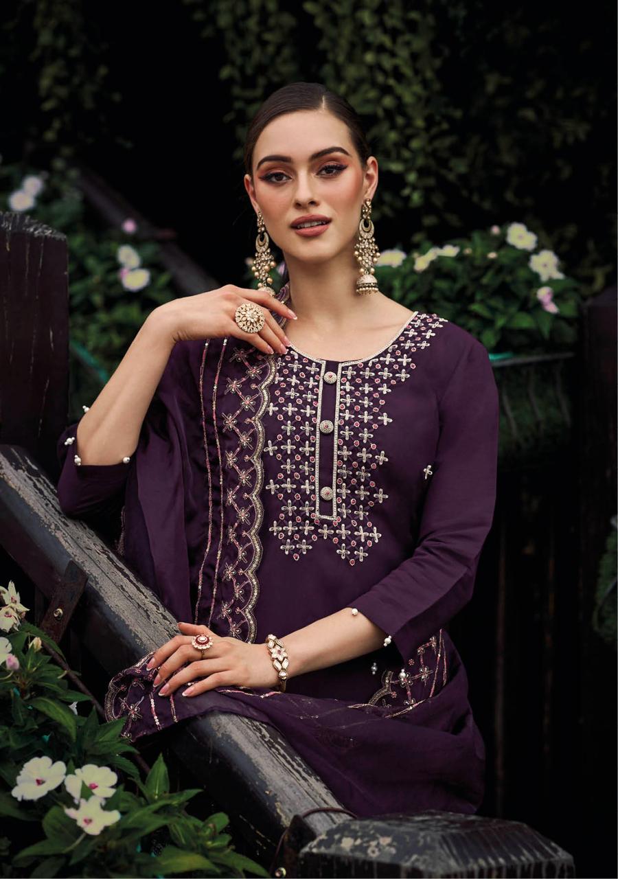 Vihaa Purple Hand Embroidered Straight Suit Set