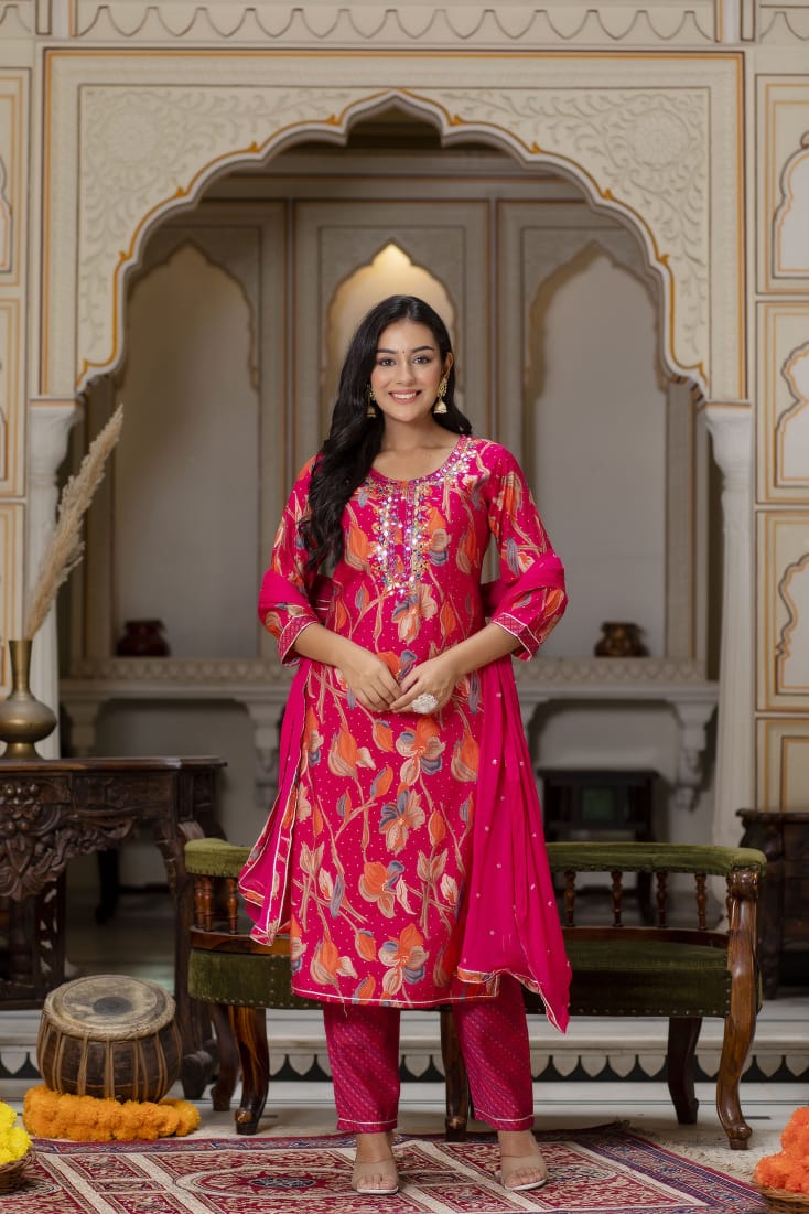 Vihaa Pink Printed Straight Suit Set