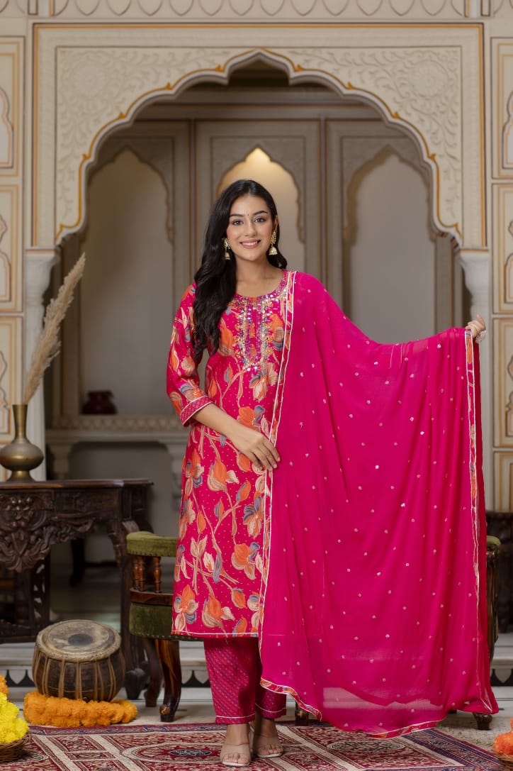 Vihaa Pink Printed Straight Suit Set