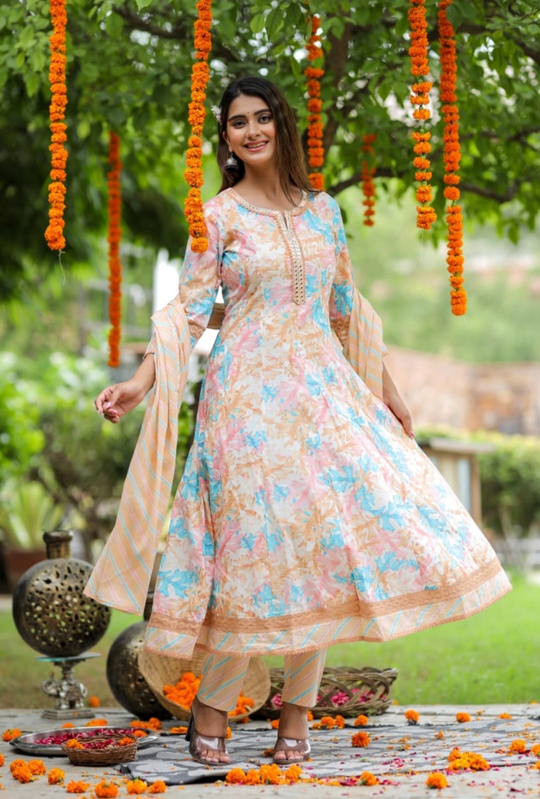 Radha Abstract Printed Pink Anarkali Suit Set