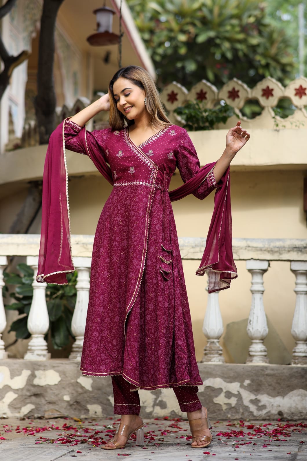 Radha Block Printed Wine Anarkali Suit Set