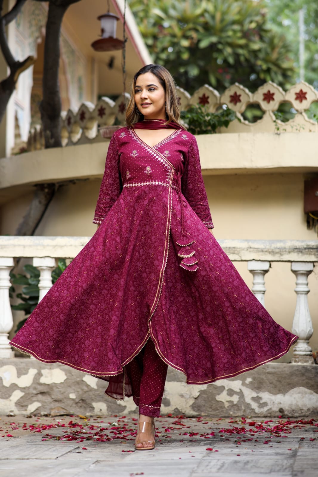 Radha Block Printed Wine Anarkali Suit Set