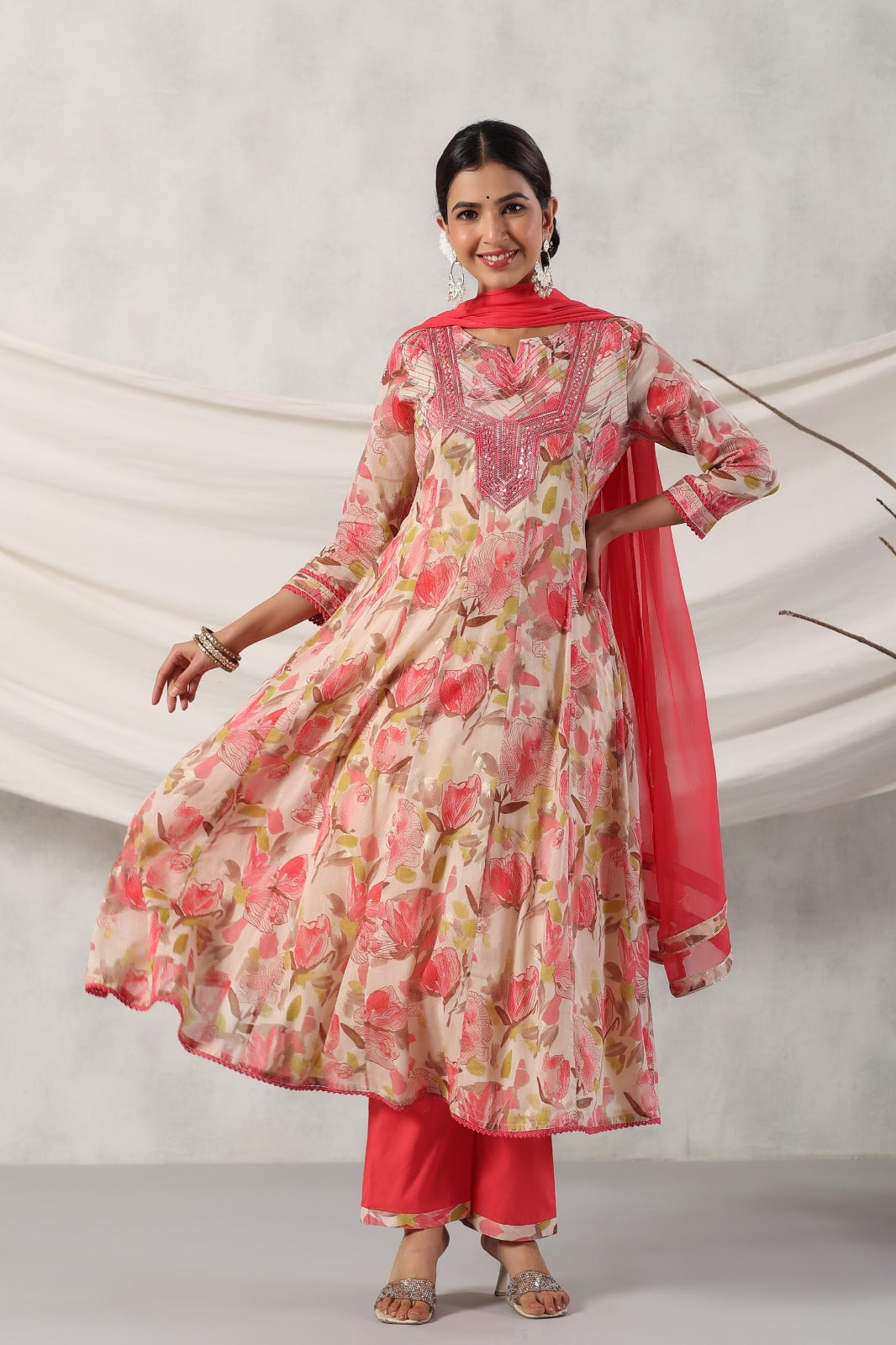 Radha Floral Printed Pink Anarkali Suit Set