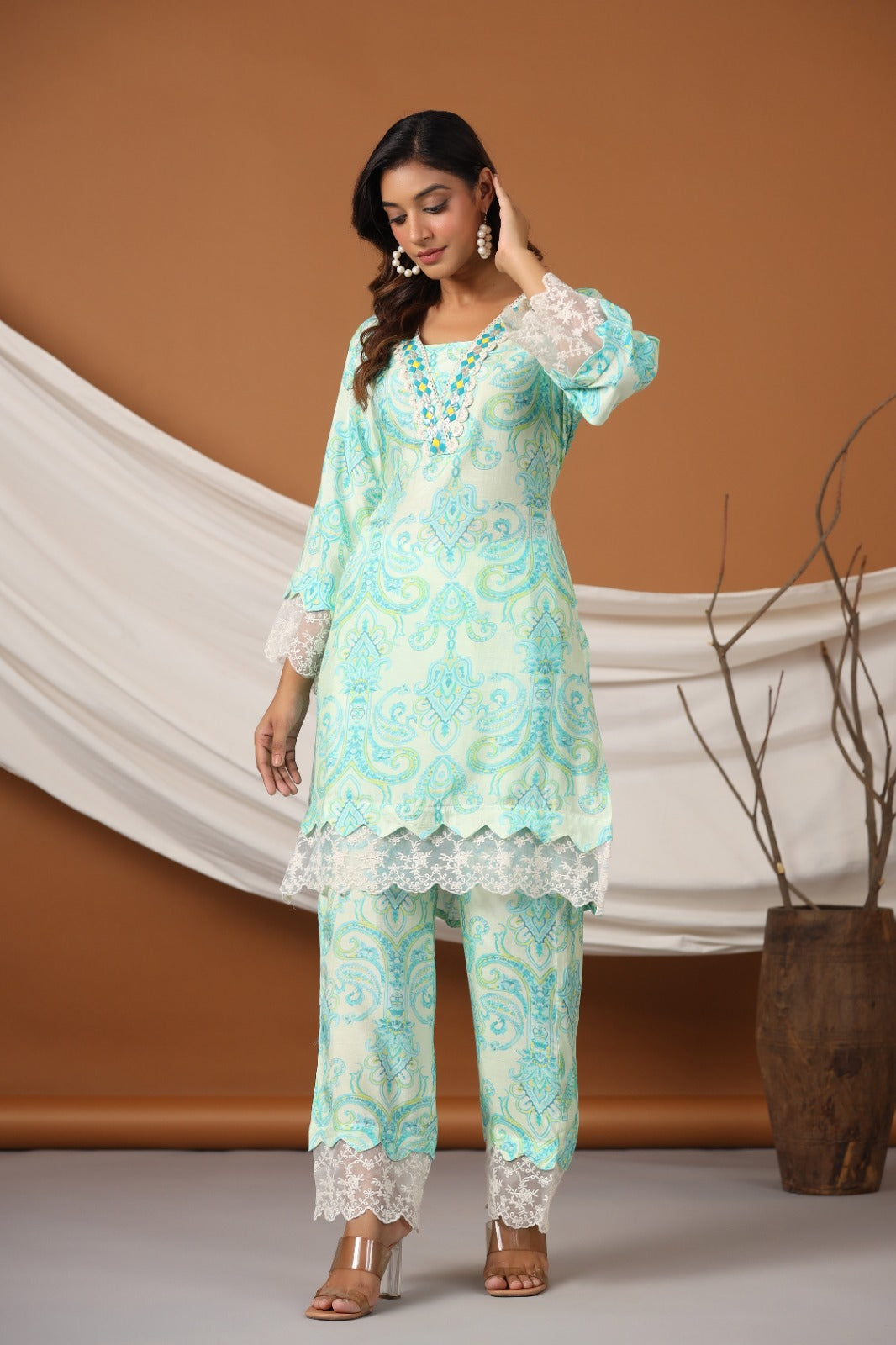 Navya Pakistani style Sea Green Printed Co-Ord Set