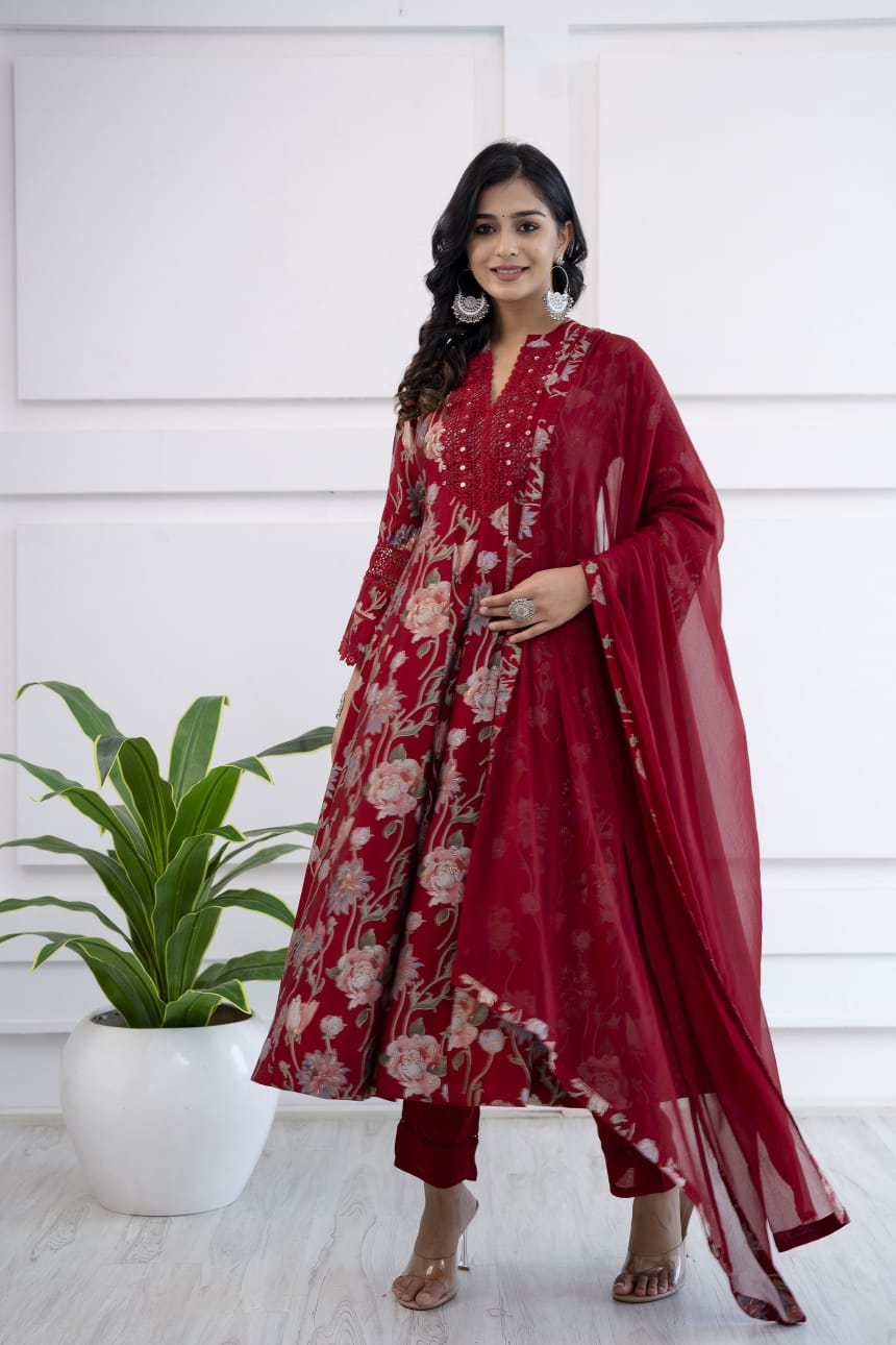 Vihaa Floral Printed Pakistani Style Maroon Anarkali Suit Set