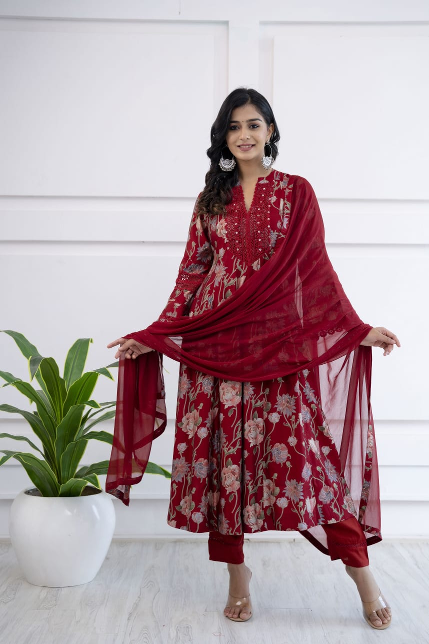 Vihaa Floral Printed Pakistani Style Maroon Anarkali Suit Set