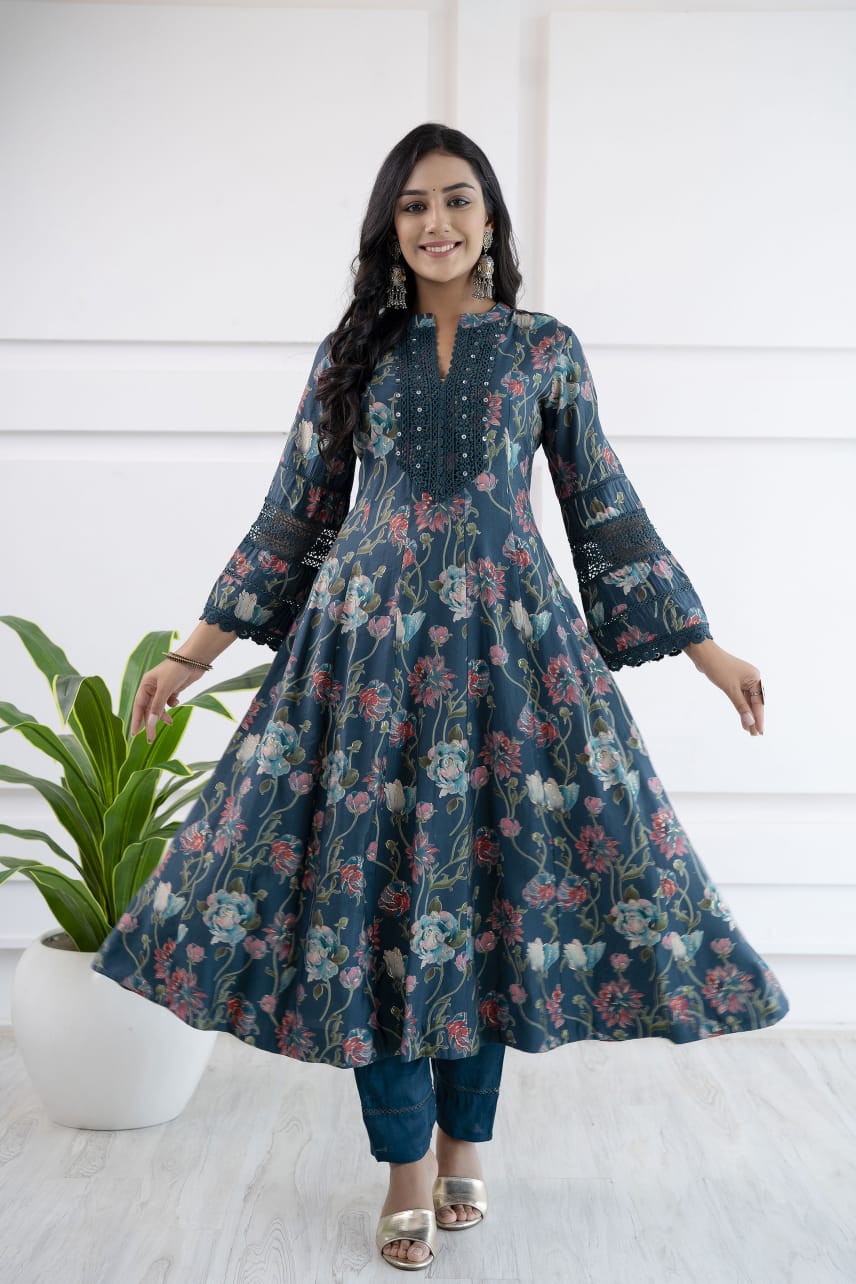 Vihaa Floral Printed Pakistani Style Teal Blue Anarkali Suit Set